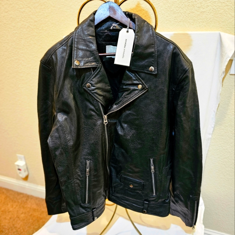 Topman Black Leather Moto Jacket xxl
